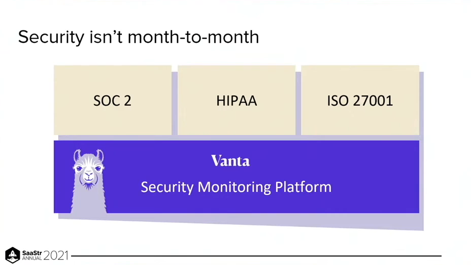 Slide 21: Security isn’t month-to-month: SOC 2, HIPAA, ISO 27001 on the Vanta Security Monitoring Platform