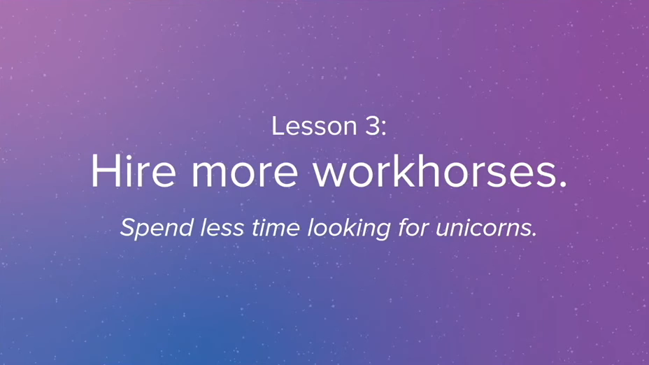 Slide 24: Lesson 3: Hire more workhorses. Spend less time looking for unicorns.